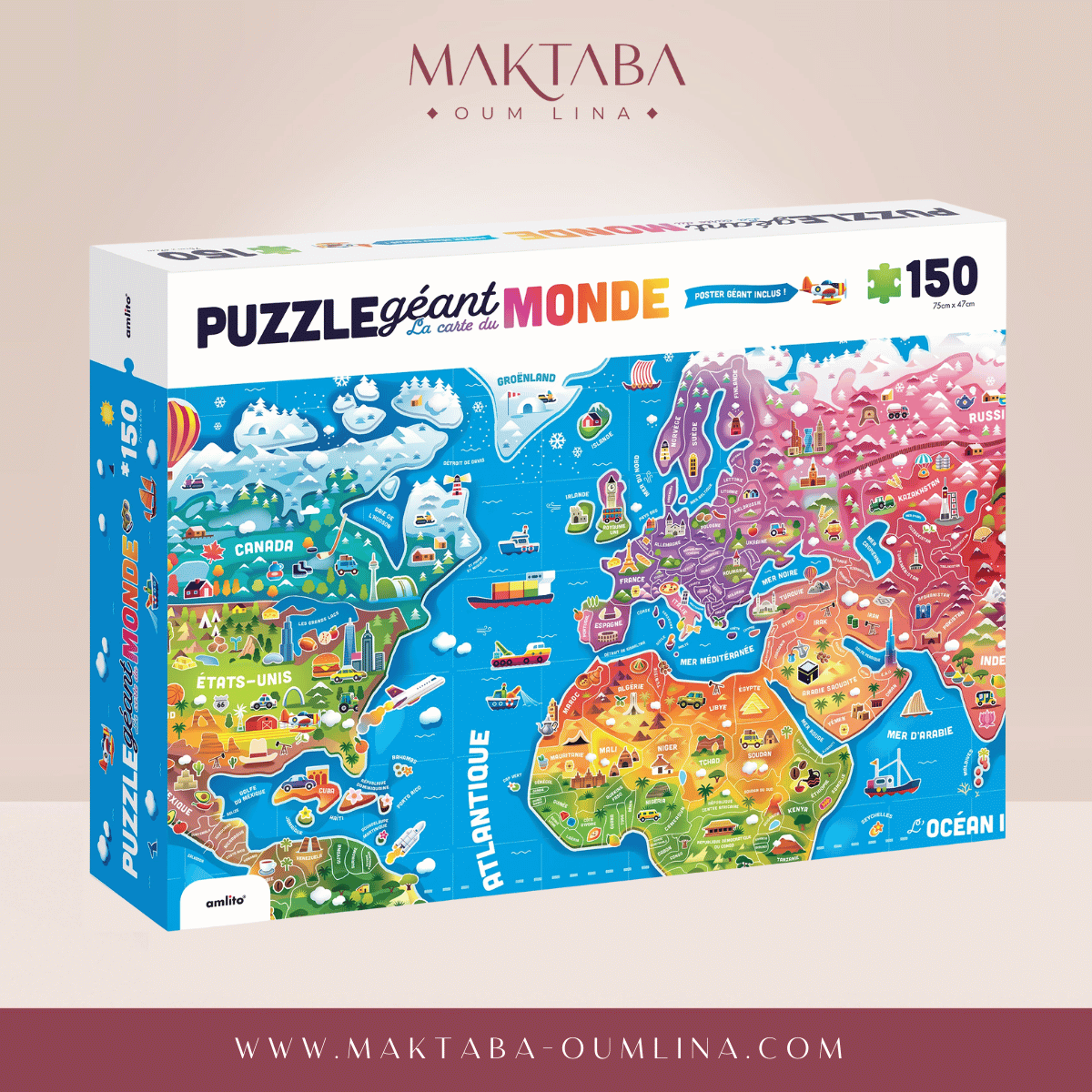 Grand puzzle carte du monde 150 pièces: continent, pays, mer et océans