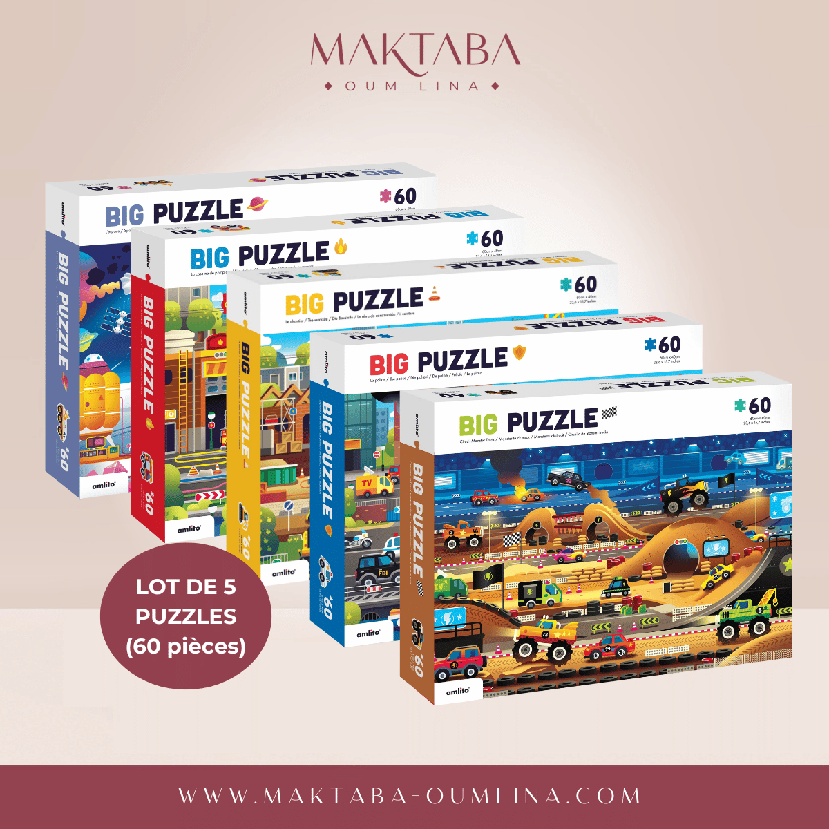 Lot de 5 puzzles de 60 pièces : chantier, police, pompier, monster trucks et espace.