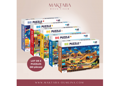 Lot de 5 puzzles de 60 pièces : chantier, police, pompier, monster trucks et espace.
