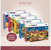 Lot de 5 puzzles de 60 pièces : chantier, police, pompier, monster trucks et espace.